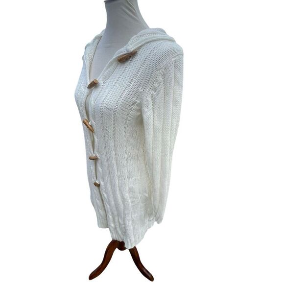 Fancy Design White Knit Hooded Sweater Jacket Toggle Buttons Size S/M NWOT - Picture 4 of 9